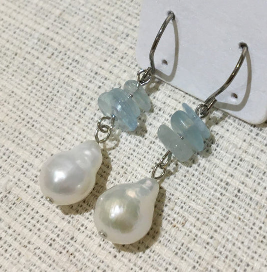 淡水パールとアクアマリンのピアス【商品番号230】